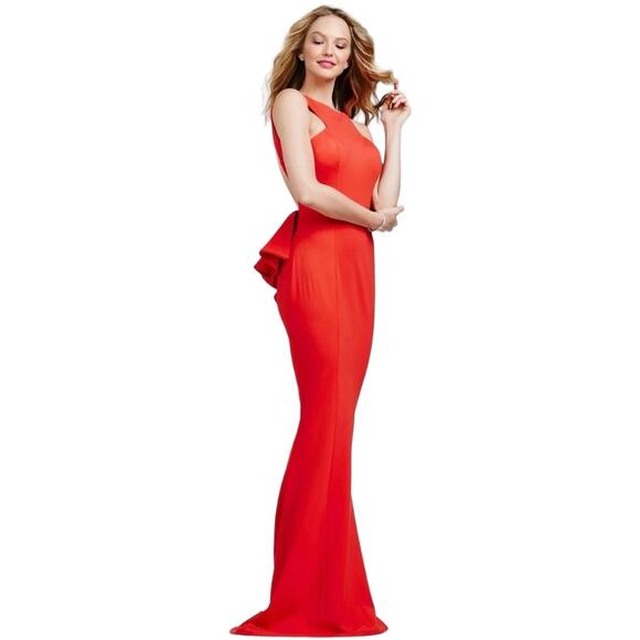 Jovani Style 21899 Fitted Jersey Halter Neck Ruffle Open Back Gown Red 2 ASIS - Picture 13 of 13